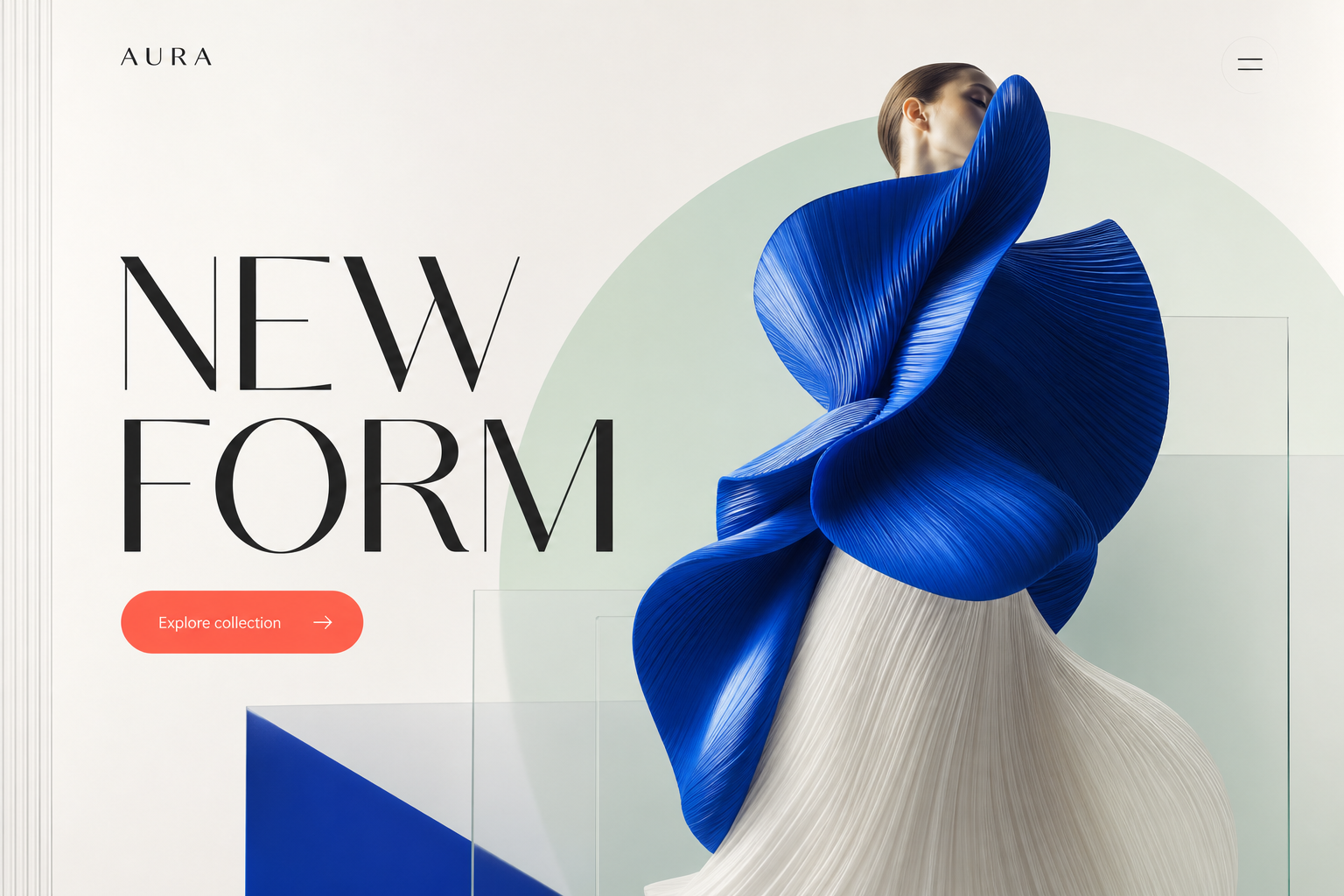 A polished futuristic fashion website with the headline New Form, cobalt sculptural fashion imagery, and a coral call-to-action